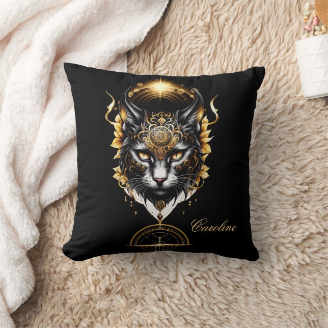 Coussin Merveilleux chat noir or. (Couverture)