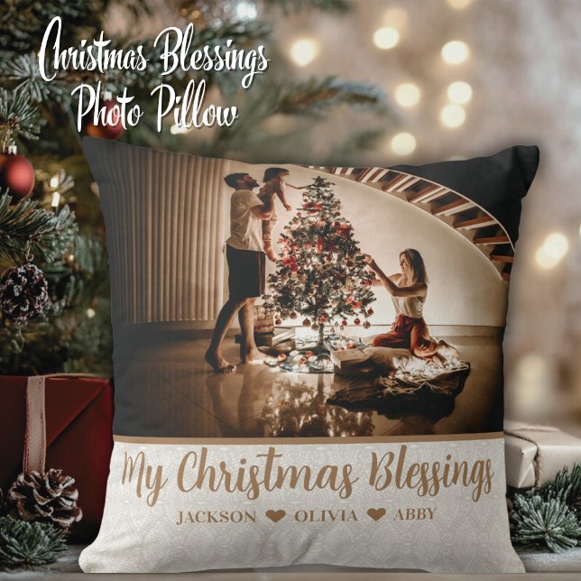 Coussin Mes bénédictions de Noël Photo et texte personnali (My Christmas Blessings Custom Photo and Text Throw Pillow - Add your favorite photo and custom text.)