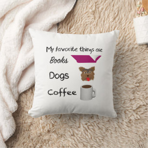 Coussin Mes choses préférées Livres, Chiens, Café