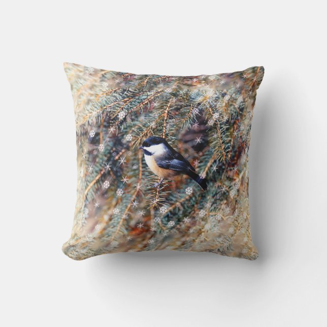 Coussin Mésange de l'hiver Oiseau Branche de pin Neige (Recto)