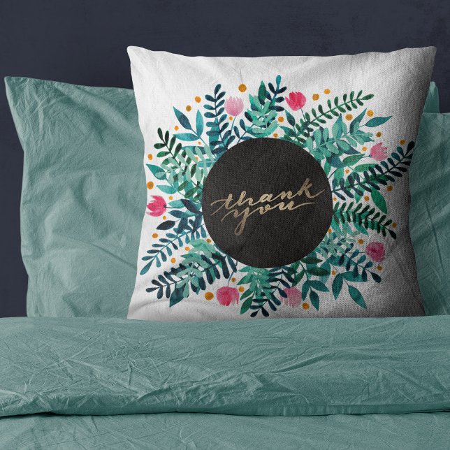 Coussin Message de Merci - avec des fleurs rose et verte (Créateur téléchargé)