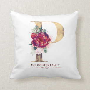 Coussin Métallurgique P Monogramme Floral Bourgogne Rouge