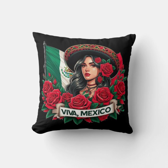 Coussin Mexicaine Fille Viva mexico Illustration du drapea (Recto)