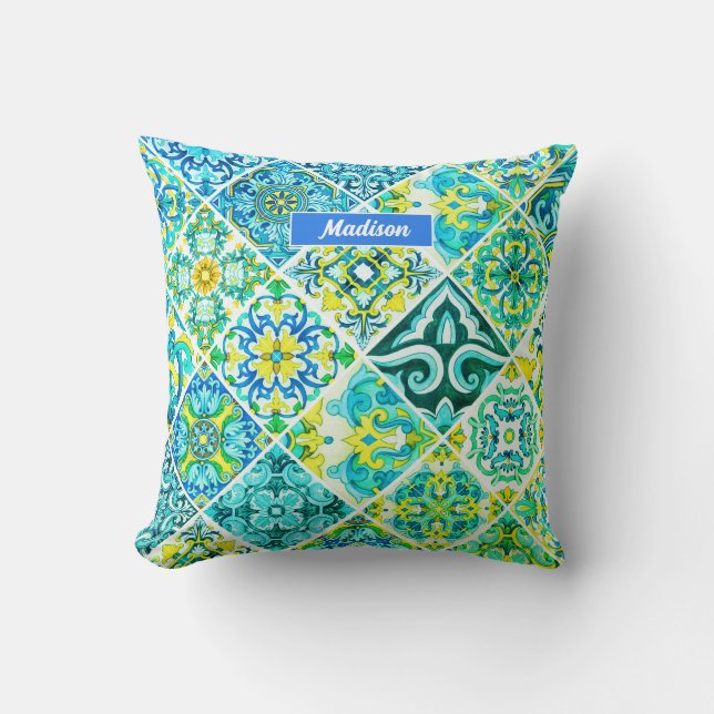 Coussin Mexican aqua mint Sicilian Mediterranean tiles (Recto)