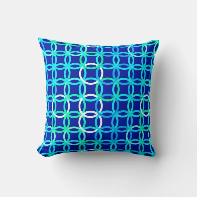 Coussin Mi-siècle Cercles modernes, cobalt & paon (Recto)