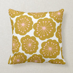 Coussin Mi-siècle Moderne Fleur Motif Mustard