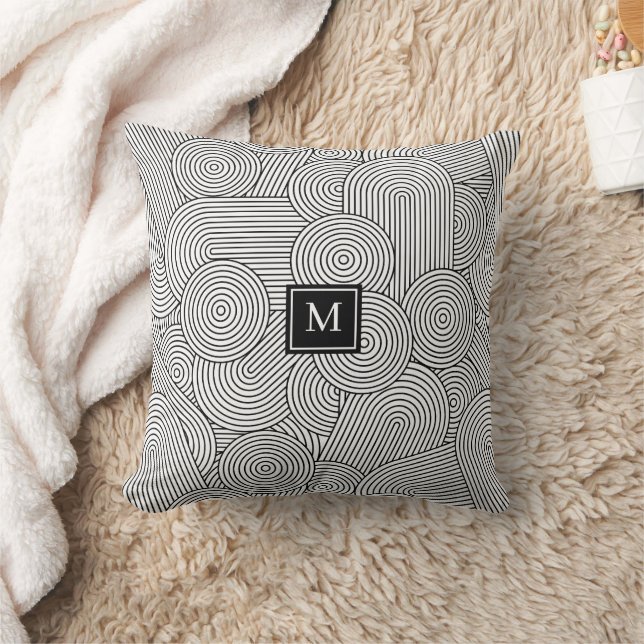 Coussin Mi-siècle moderne noir blanc Monogramme initial (Couverture)
