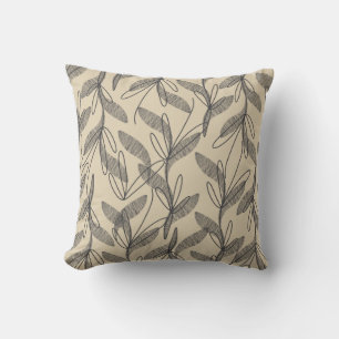 Coussin Mi-siècle Moderne Rétro Botanique Gris Beige