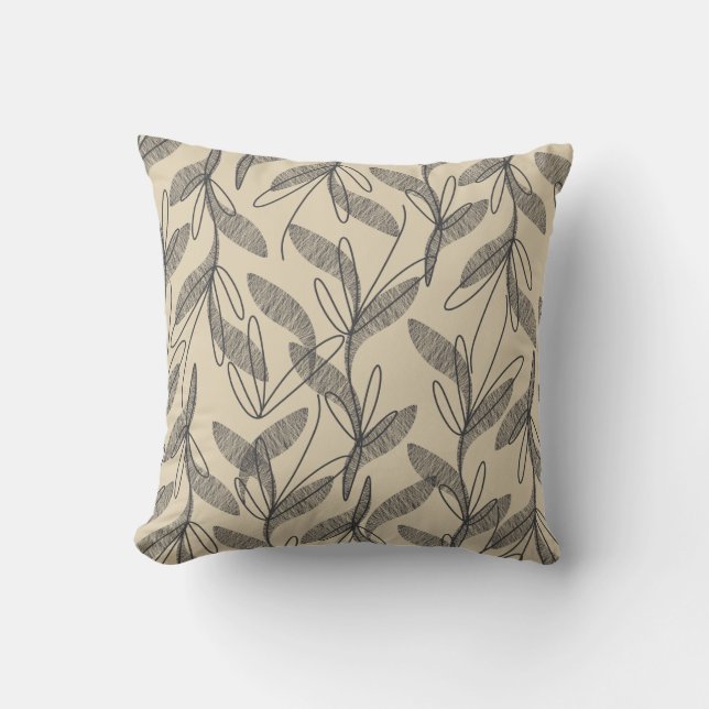 Coussin Mi-siècle Moderne Rétro Botanique Gris Beige (Recto)