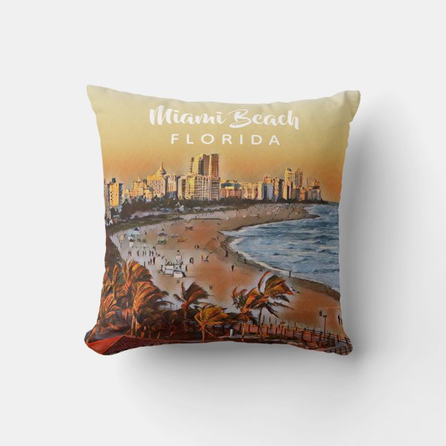 Coussin Miami Beach Floride Aquarelle Vintage Art (Recto)