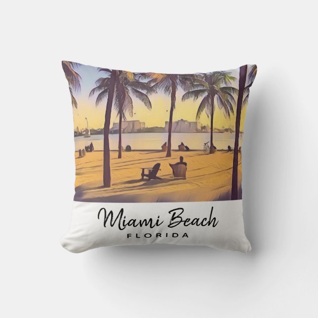 Coussin Miami Beach Floride Aquarelle Vintage Art (Recto)