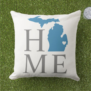 Coussin Michigan Maison Bleu État Gris Texte