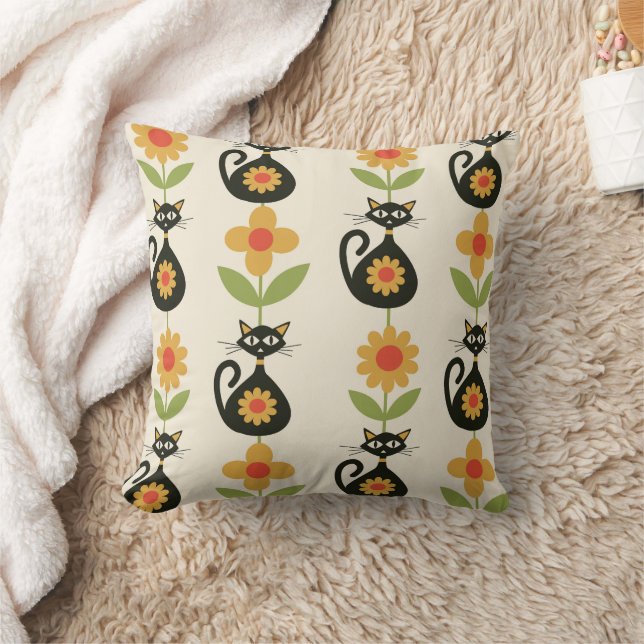 Coussin Mid Century Atomic Cats with Retro Orange flowers  (Couverture)