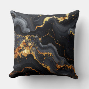 Coussin Midnight Onyx & Gold Leaf Abstract Pillow