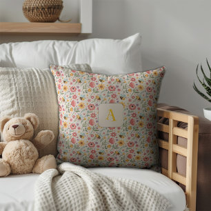 Coussin Mignon abeille de dessin animé fleur bleu monogram