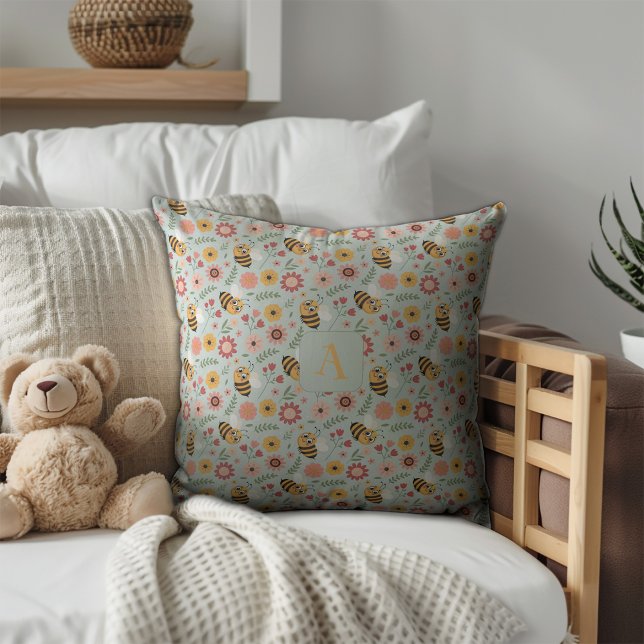 Coussin Mignon abeille de dessin animé fleur jaune monogra (Créateur téléchargé)