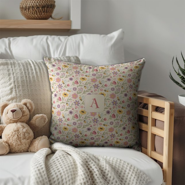 Coussin Mignon abeille de dessin animé fleur rose motif mo (Créateur téléchargé)