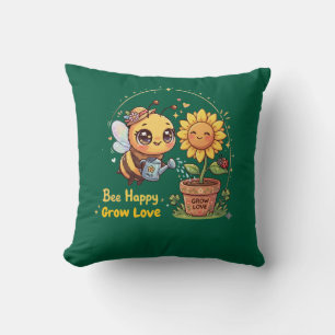 Coussin Mignon abeille Kawaii arrosant un tournesol Abeill