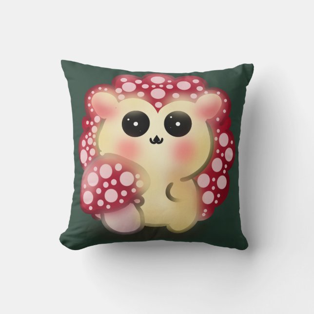 Coussin Mignon Art de Champignon Rouge Kawaii Hérisson (Recto)
