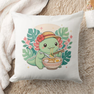 Coussin Mignon Axolotl Vert Kawaii Mangeant des Nouilles R