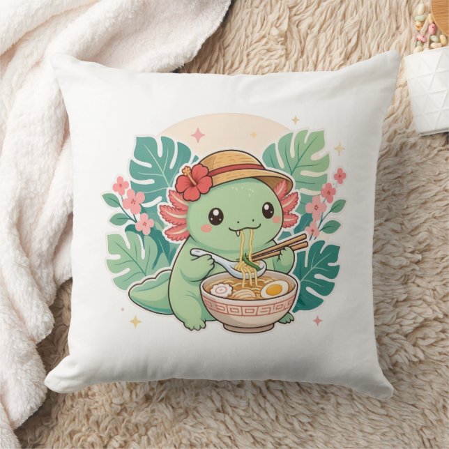 Coussin Mignon Axolotl Vert Kawaii Mangeant des Nouilles R (Couverture)