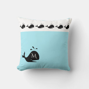 Coussin Mignon Baleine Noire à Initiale Personnalisée Blan