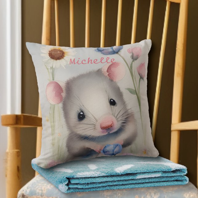 Coussin Mignon bébé souris pastel aquarelle fleurs de prin (Créateur téléchargé)