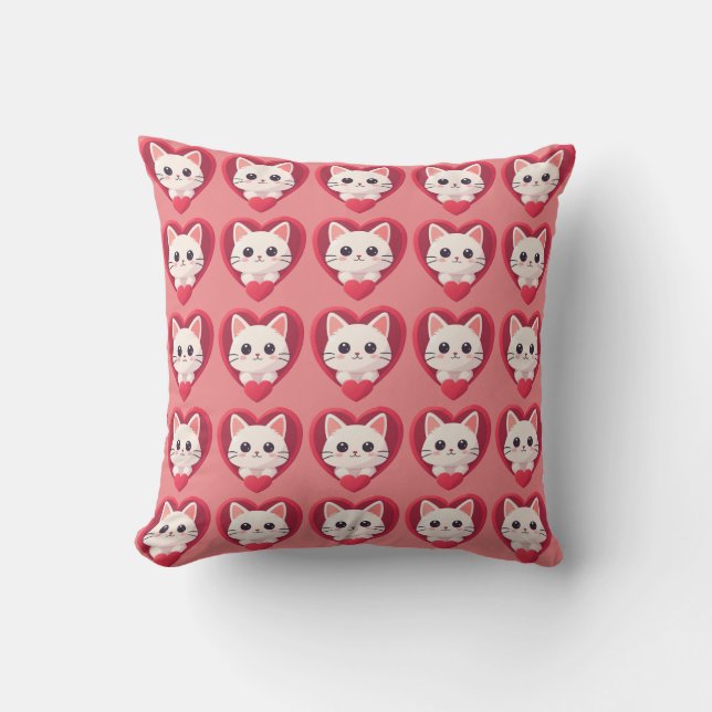 Coussin Mignon Chat Blanc avec Design de Kawaii Kitty Love (Recto)