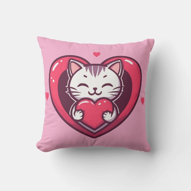 Coussin Mignon Chat Blanc avec Design de Kawaii Kitty Love (Recto)
