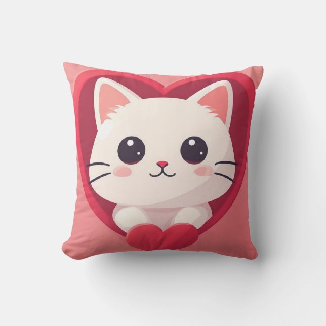 Coussin Mignon Chat Blanc avec Design de Kawaii Kitty Love (Recto)