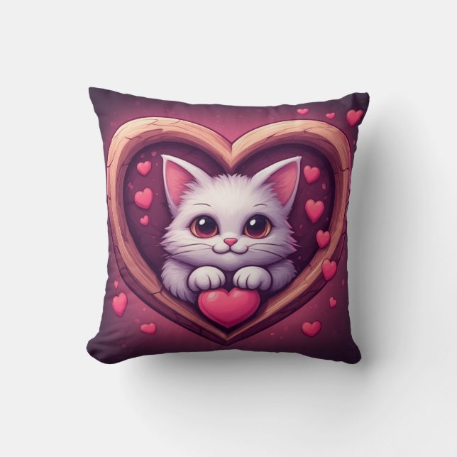 Coussin Mignon Chat Blanc avec Design Kawaii Kitty Love (Recto)