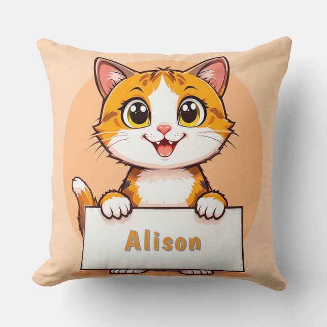 Coussin Mignon Chat de Dessin Animé Tenant un Panneau Vier (Recto)