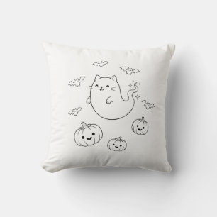 Coussin Mignon Chat Fantôme d'Halloween Citrouilles Chauve