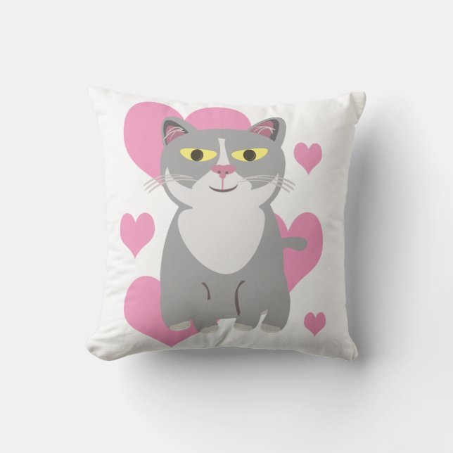 Coussin Mignon Chat Gris Amour Dessin Animé Design de Fun  (Recto)