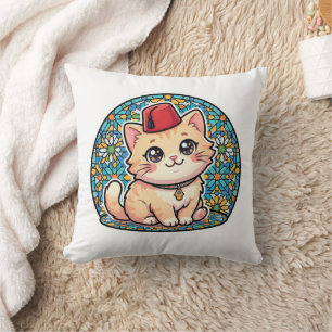 Coussin Mignon chat marocain Kawaii avec chapeau Fez Tarbo