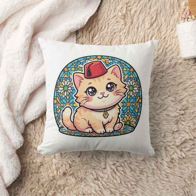 Coussin Mignon chat marocain Kawaii avec chapeau Fez Tarbo (Couverture)