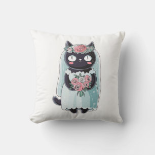 Coussin Mignon Chat Noir Kawaii Portant un Voile