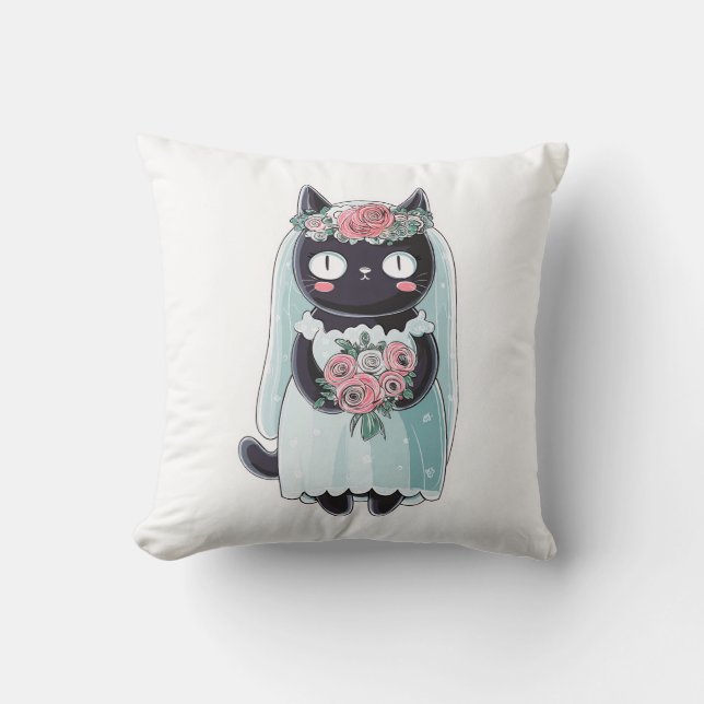 Coussin Mignon Chat Noir Kawaii Portant un Voile (Recto)