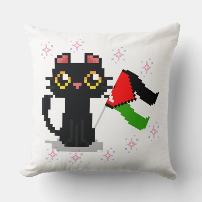 Coussin mignon chat noir tient drapeau de la Palestine (Recto)