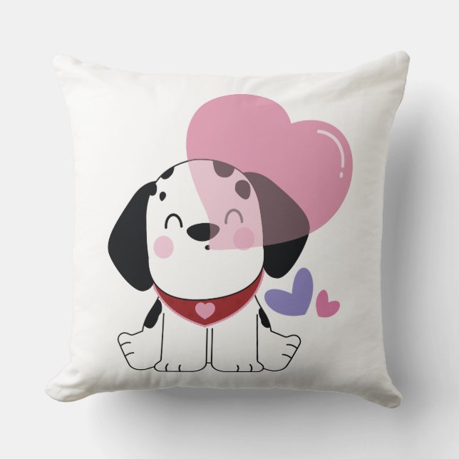Coussin Mignon Chien Dalmatien Kawaii avec des Cœurs (Recto)