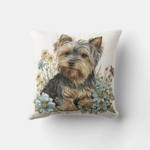 Coussin Mignon chien Yorkshire Terrier en aquarelle