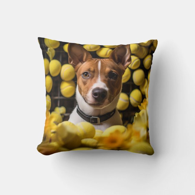 Coussin 🐕 mignon chiot Basenji avec balles de tennis (Recto)