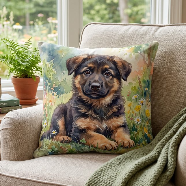 Coussin Mignon chiot berger allemand aquarelle  (Créateur téléchargé)