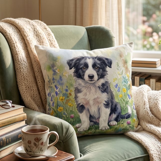 Coussin Mignon chiot Border Collie à l'aquarelle (Créateur téléchargé)