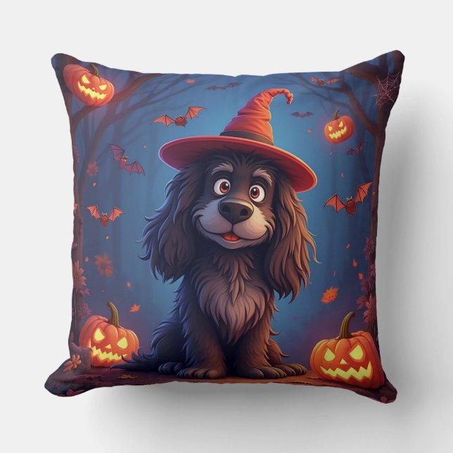 Coussin 🐾🎃 Mignon chiot d'Halloween Atmosphère cosy et e (Recto)