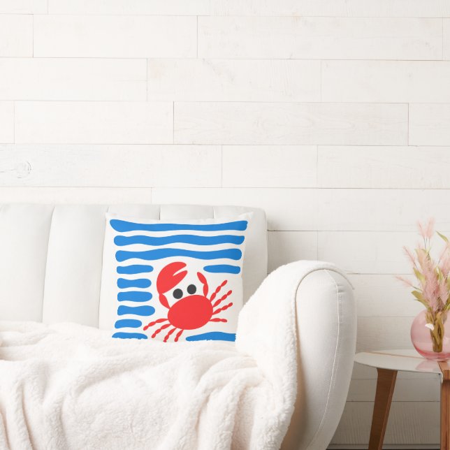 Coussin Mignon Crabe Rouge & Chowder Côtière aux Vagues Bl (Canapé)