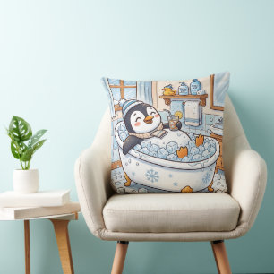 Coussin Mignon dessin animé pingouin heureux prenant un ba