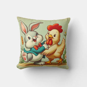 Coussin Mignon dessin animé vintage Poule & Lapin