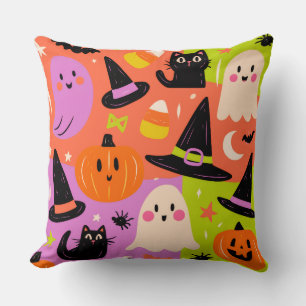 Coussin Mignon doodle Halloween - Chat Citrouille Fantôme