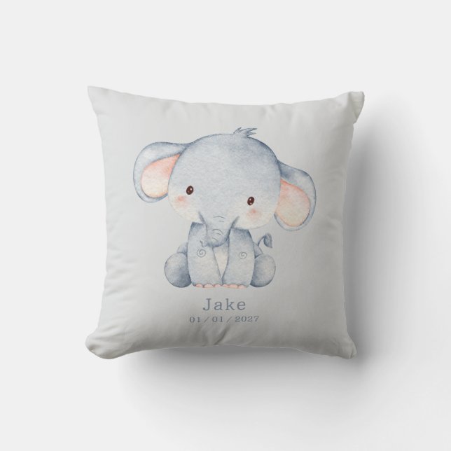 Coussin Mignon éléphant bébé à l'aquarelle et nom (Recto)